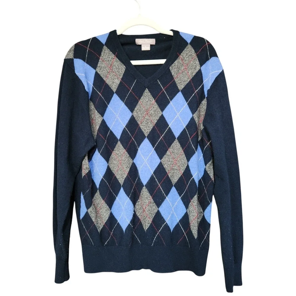 Daniel Cremieux 100% Cashmere Argyle V-Neck Sweater Men's Large Navy Blue Preppy